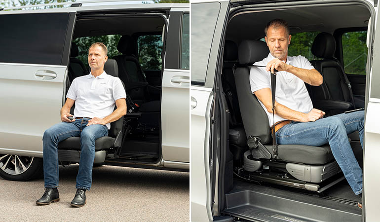 Man sitting in a Turny Evo seat lift