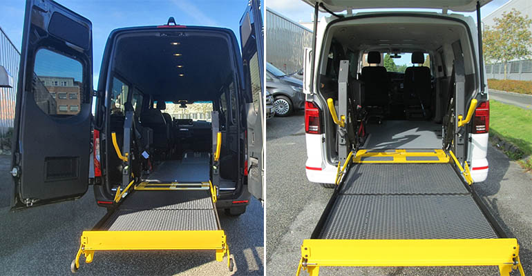 Wheelchair lifts in the rear of two vehicles.