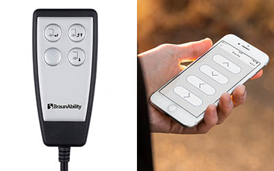 Split image showing the A-Series hand control and a smartphone screen with the BraunAbility Remote App.