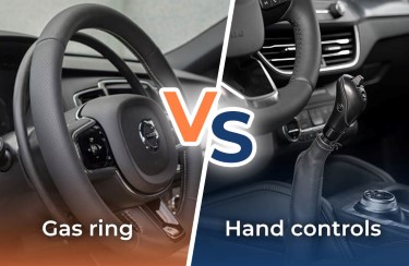 The text "Gas ring vs. Hand controls" superimposed over the photo of a steering wheel with a Gas ring on the left and a set of hand controls to the right. 