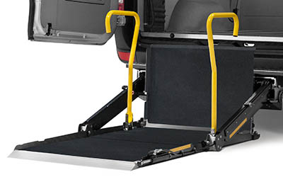 The A-Series wheelchair lift with the platform down on the ground.