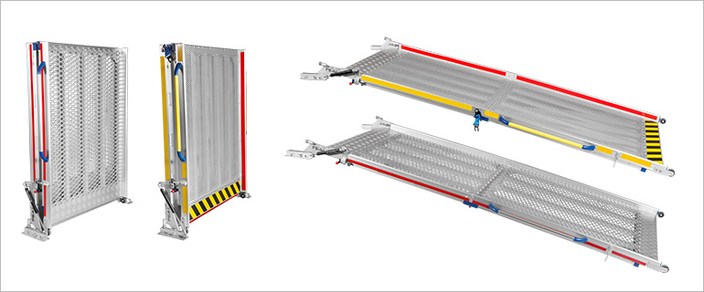 Two folded heavy-duty ramps in standing position and two open heavy-duty ramps