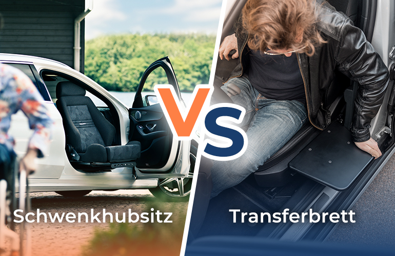 Der Text „Sitzlift vs. Transferboard“ überlagert das Foto eines aus der linken Türöffnung geschwenkten Autositzes und eines auf dem Fahrersitz sitzenden Mannes, der sich an einem neben ihm ausgeklappten Transferboard festhält rechts.