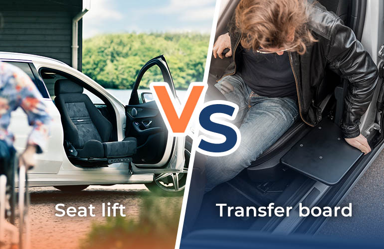 The text "Seat lift vs. Transfer board " superimposed over the photo of a car seat swiveled out of the door opening on the left and a man sitting in the driver's seat holding on to a transfer board that is folded out next to him on the right