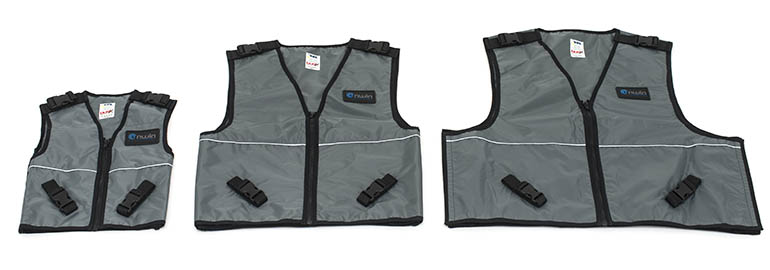 Three vests in different sizes on white background.
