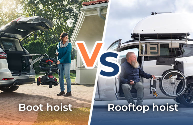 The text “Boot hoist vs. Rooftop hoist” superimposed over the photo of a woman on a driveway collecting her scooter from the car boot using a hoist on the left and a man sitting in the driver’s seat collecting his wheelchair using a rooftop hoist on the right.