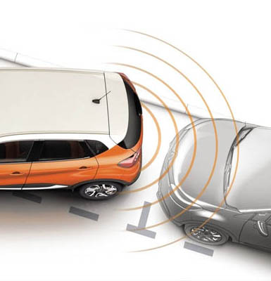 Aerial view of a car parallel parking with superimposed wave symbols from the parking sensor.