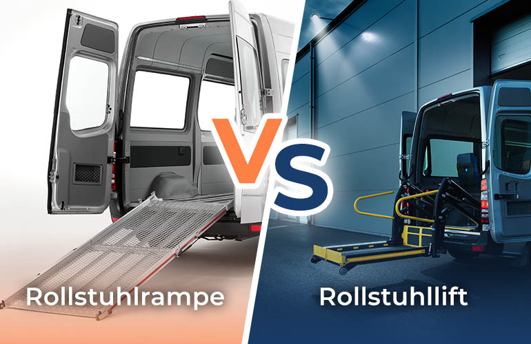 Der Text „Rollstuhlrampe vs. Rollstuhllift“ überlagert das Foto eines Fahrzeugs mit einer Rollstuhlrampe links und einem Rollstuhllift rechts.