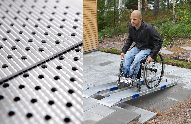Image 1: Gros plan d'une planche d'aluminium Image 2: homme en fauteuil roulant roulant sur une rampe