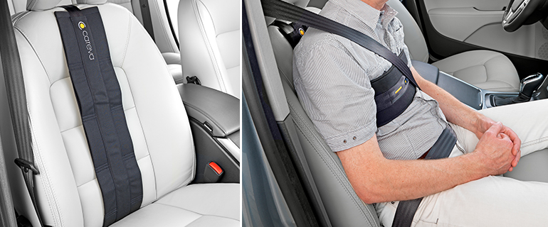 Image 1: Careva en voiture Image 2: homme assis dans une voiture avec une ceinture Careva