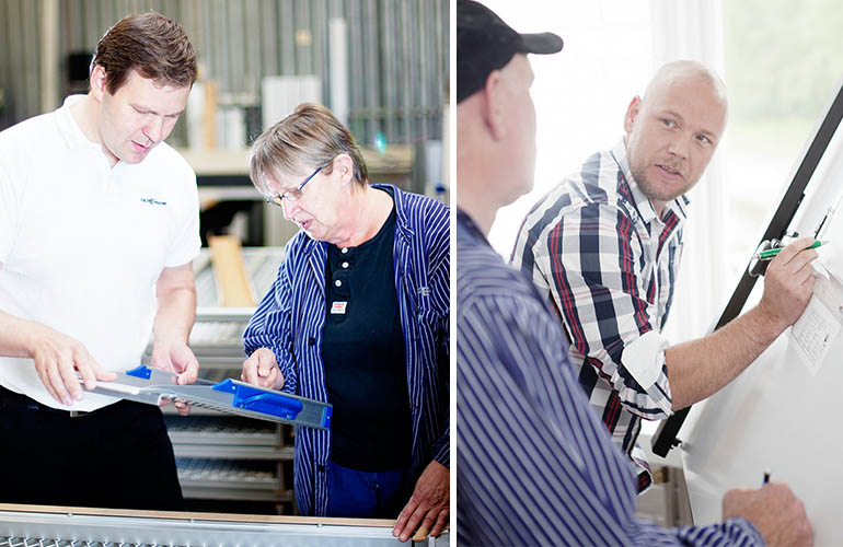 Two photos, each showing two persons interacting around work. 