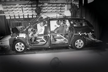 Picture of a car in a crash test studio