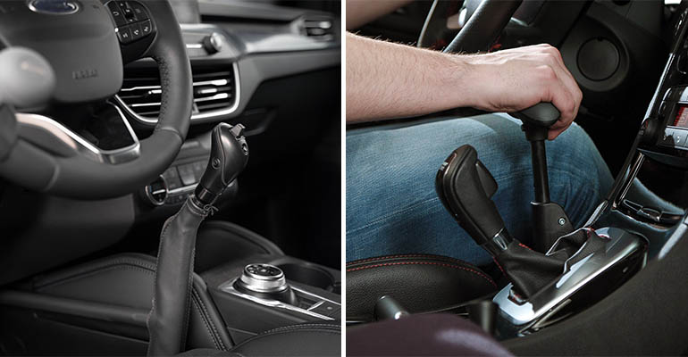 Left: A set of hand controls. Right: A hand holding on to a set of hand controls.