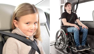 Mädchen und Junge in Fahrzeugen mit verschiedenen Sicherheitsgurtlösungen